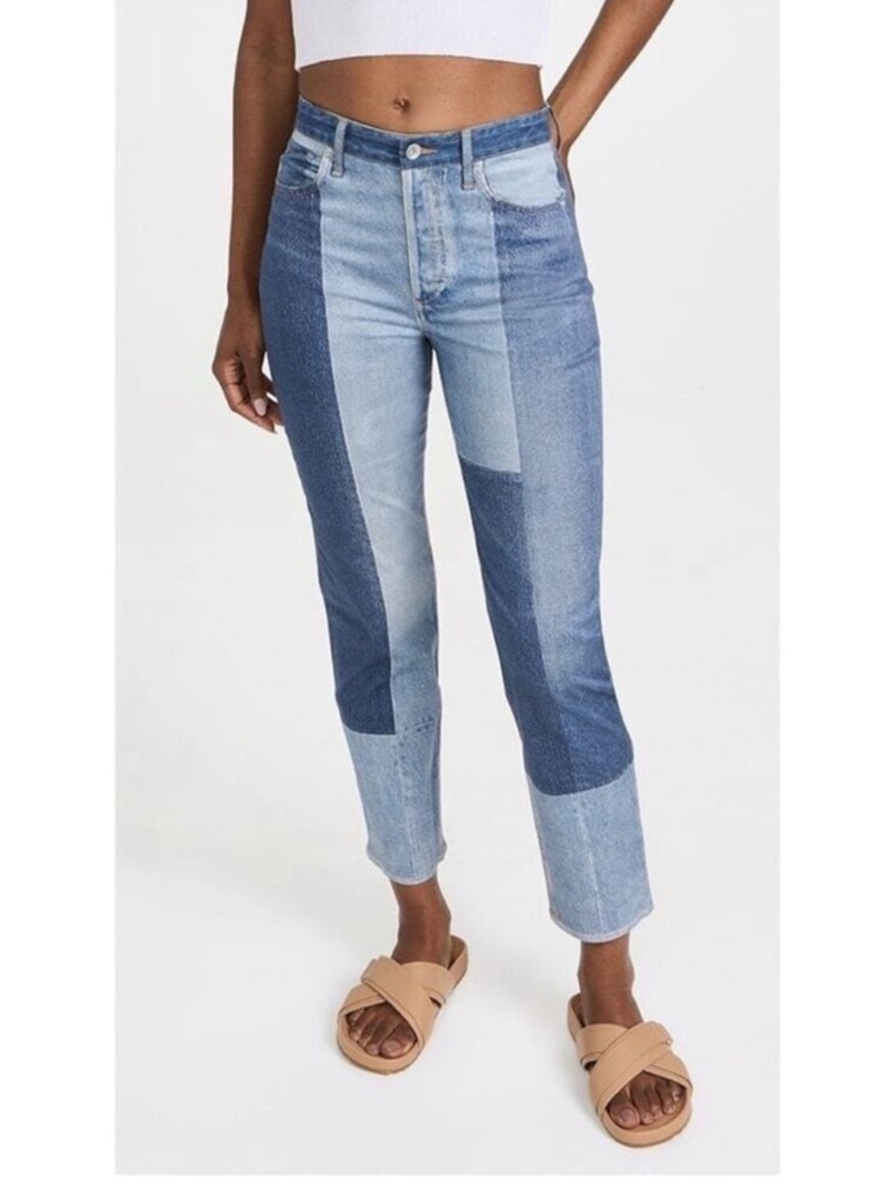 rag & bone Two-Tone Patchwork Straight Leg Jeans - Blue
